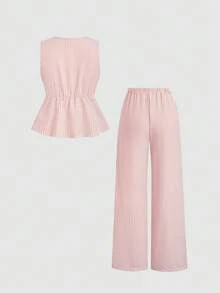 Sweetra European And American Summer New Pink Striped Lace-Up Minimalist Versatile Straight Leg Pants, Women's Two Pieces Set - Red - View 3