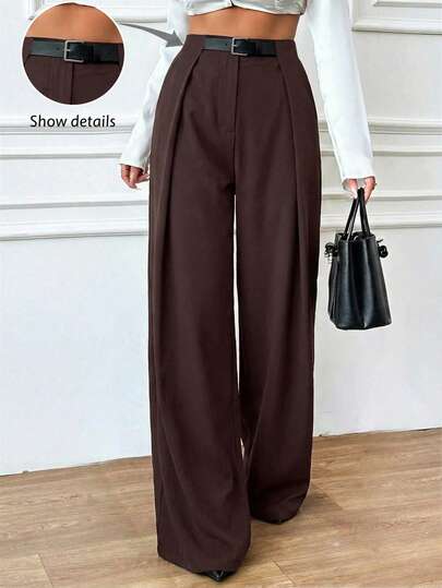 Ellegaria. Women's Summer And Spring Solid Color Belt Buckle Decorative Straight-Leg Wide-Leg Pants, Waistband Elastic Wide-Leg Long Pants, Fashionable And Casual Commuting Pants, Outdoor Clothing, Women's Summer Clothing, Summer Long Pants, Outdoor Long Pants, Solid-Colored Trousers, High Waist Pants, Brown Pants For Women, Pallazo Pants Women, Women Wide Leg Pants,Outdoor Clothing, Spring And Summer Clothing