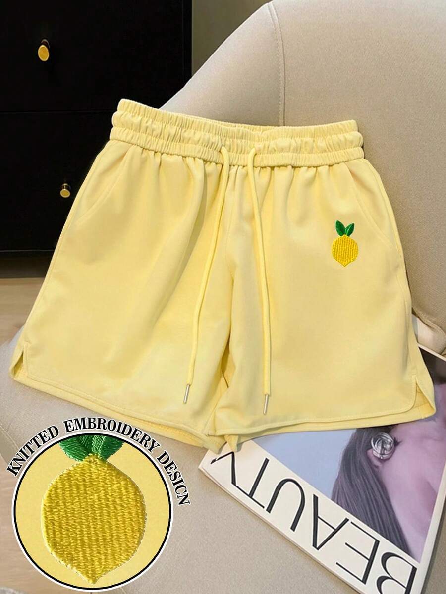 Resyla Quần short cỡ lớn thêu hình quả chanh, cạp chun, kiểu dáng thường ngày, đa năng. - Màu vàng - Xem 1