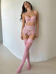Aloruh 女士性感蕾丝装饰粉色内衣套装新娘内衣粉色外出 - 粉色 - 查看 6