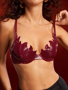 EmpressEnvy 酒红色 Y2K 朋克性感钢圈聚拢火焰 PU 拼接迷人性感外套，适合音乐节、派对、度假，派对女王女士文胸 - 酒紅色 - 查看 1