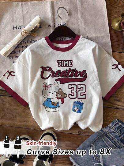 SHEIN CURVE+ Casual Cute & Cool, Cartoon Bow Sports Style, Adorable Cat Print Round Neck Loose Women T-Shirt Cute Graphic Tees Cute Casual Tops Vintage Graphic Tees Cartoon Graphic Tee Vintage T Shirts