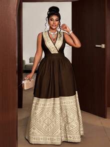 Maweii Plus Size Summer Elegant Colorblock Geometric Print Sleeveless Dress - Apricot - View 1