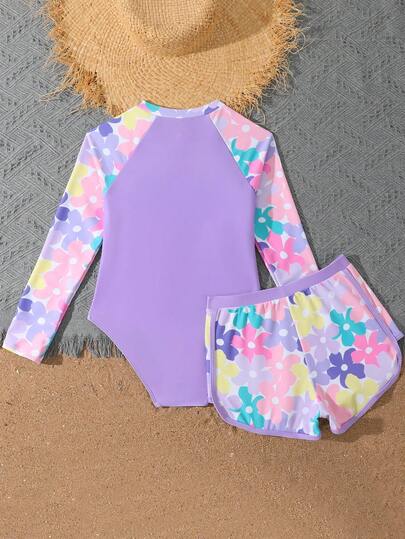 SHEIN Bộ đồ bơi in họa tiết phối màu thời trang mới dành cho bé gái