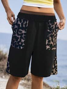 WanderVale Women's Leopard Print Patchwork Pocket Casual Versatile Daily Wear Shorts,Casual,Spring, Summer For Women,Going Out Women's Summer Shorts For Woman - Black - View 6