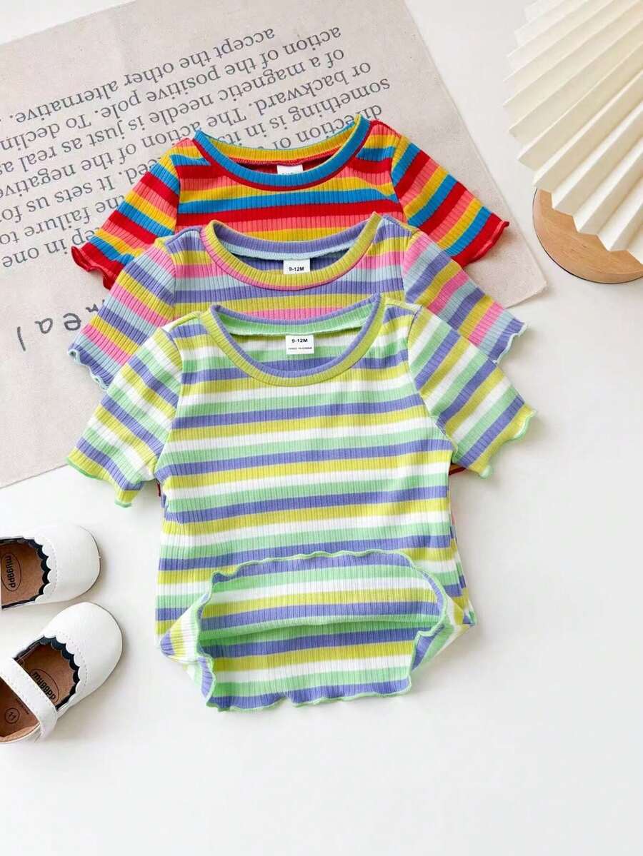 3pcs/Set Cute Colorful Striped Short Sleeve Knit Top For Baby Girls, Summer - Multicolor - View 1