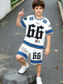 2pcs/Set Tween Boy White Summer Graphic Streetwear Vacation,Numeric 66 Striped Slogan Print Short T-Shirt And Shorts Suit,Casual Fashionable Cozy Wear - Multicolor - View 7