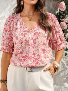 Miaspire Plus Size V-Neck Raglan Short Sleeve Pink Allover Print Front Button Loose Shirt,Summer Boho Holiday Tea Party Elegant Floral Blouses For Women Top - Multicolor - View 2