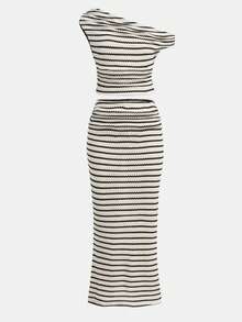 SHEIN Girlism Tween Girls T-Shirt Co-Ords Knit Textured Striped Elegant Casual Asymmetric Shoulder Short Sleeve Lace T-Shirt And Skirt Set - Multicolor - View 4