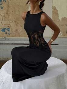 Siren Gaze Đầm không tay đơn sắc tối giản dành cho nữ, thích hợp mặc hàng ngày. - màu đen - Xem 6