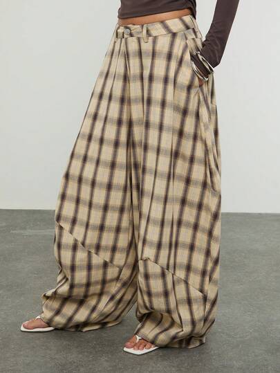 COUREZ Pantalones holgados tipo globo a cuadros con detalle de costura asimétrica / Ropa de primavera Y2K para mujer, atuendos casuales, atuendos para salir, atuendos de vacaciones de primavera, atuendos de verano, pantalones de verano