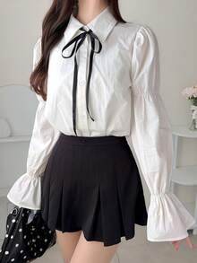 FRIFUL Blusa holgada y versátil de manga larga con contraste de color para mujer, ideal para primavera/verano - Blanco - Ver 4