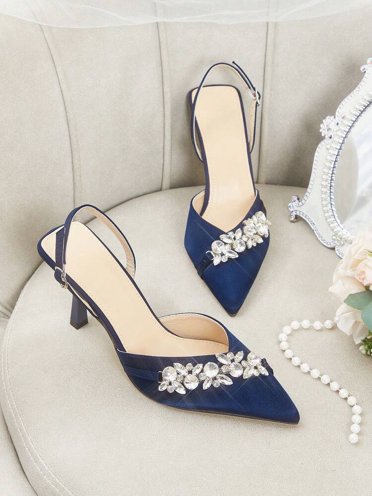 CUCCOO HITCHD Women's High Heel Pumps, Elegant & Graceful Pointed Toe With Crystal Chain, Navy Satin Bridal Wedding Shoes, Bridesmaid Shoes, Party Heels