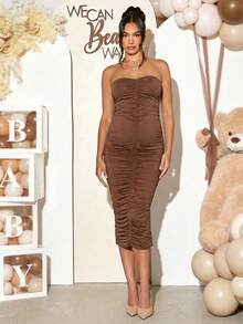 Loomaby 2件套孕妇纯色长袖长开衫和褶饰吊带背心紧身连衣裙套装 - 棕色 - 查看 5