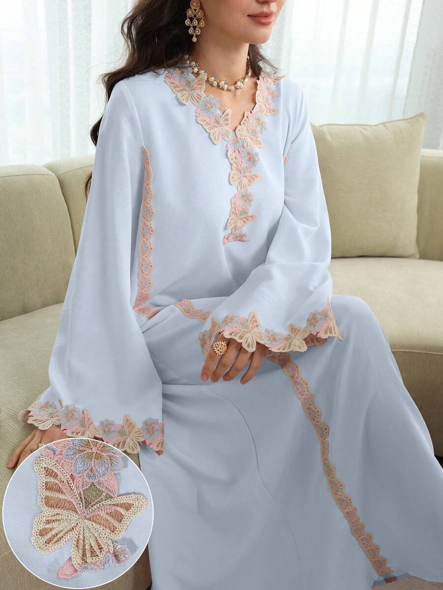 Yasmyna V领刺绣贴花粉色宽松休闲长袖喇叭形优雅睡袍 - 淺藍色 - 查看 1