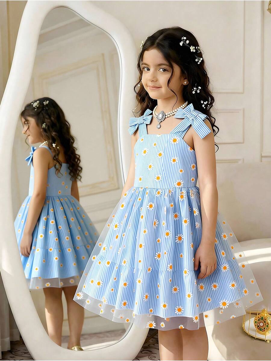 Toddler Girls' Blue Daisy Print Mesh Striped Sleeveless Bow Tie Waist Princess Dress, Summer Beach Holiday Outdoor Play - Blue - View 1