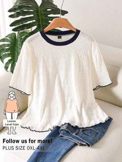 CosyJoli 大码女式法式褶皱圆领短袖休闲T恤