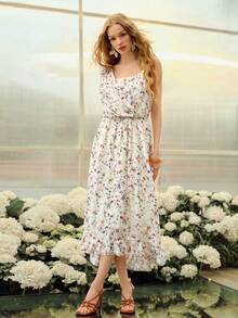 MOTF PREMIUM WOMEN'S ROMANTIC FLORAL PRINT ASYMMETRICAL NECK DRESS, SPRING/SUMMER - Apricot - View 5