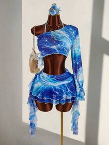 Amplova Women's Fashion Sexy Tie-Dye Print Rhinestone Asymmetric Super Short Halter Top & Mini Skirt 3-Piece Set - Blue - View 7