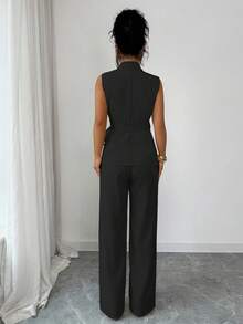 Selianne 优雅浪漫度假及办公领结西装套装，女士系带连体裤，西装连体裤，无袖连体裤，女士连体裤，居家办公服装，高个女装，女士办公室工作服，女士工作连衣裙，女士优雅套装，女士经典搭配套装，女士两件套套装，女士正式连体裤，女士优雅长款经典套装 - 黑色 - 查看 2