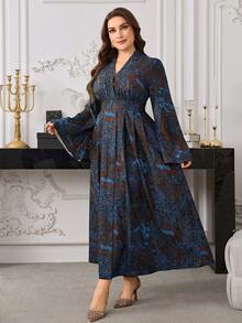 Modelyn Große Größen Elegantes Blumenprint-Kleid mit Taillengürtel für Damen - Blau - Übersicht 5