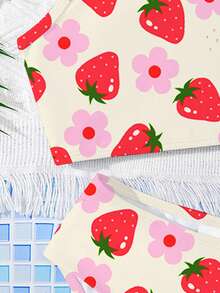 SHEIN 可爱草莓花图案，海滩度假风，少女休闲简约修身吊带背心和三角比基尼泳衣套装，适合夏季休闲度假，#椰子女孩 - 彩色 - 查看 7