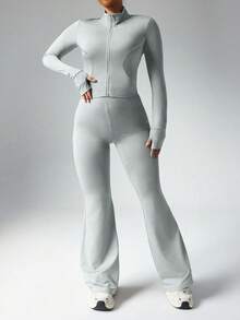 SHEIN Rhythm Era 女式加大码休闲拉链夹克（带拇指孔）和高腰喇叭裤两件套 - 灰色 - 查看 4