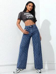 SHEIN ICON 女士口袋宽松阔腿休闲百搭牛仔裤 - 中等水洗藍 - 查看 4