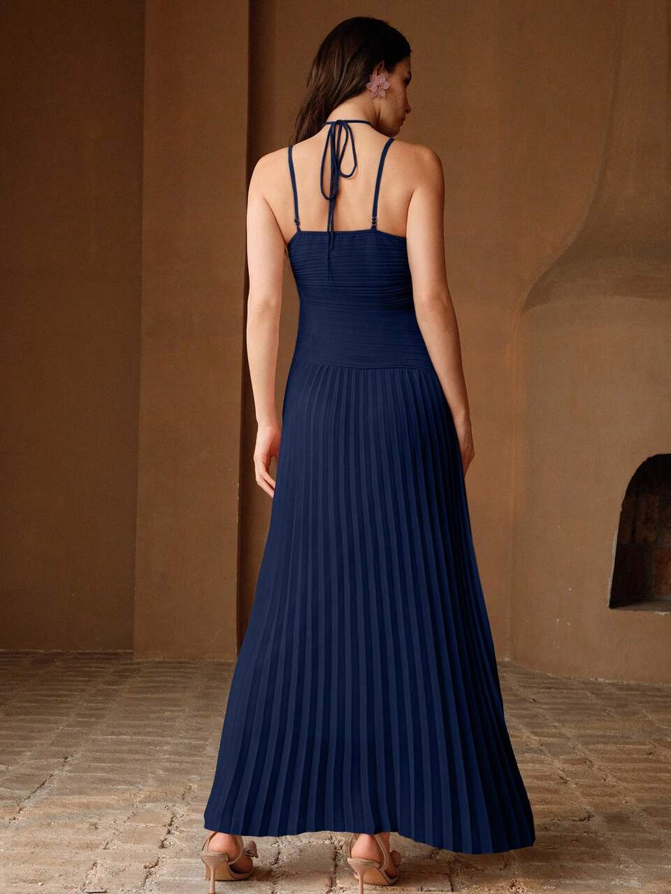 Anewsta Vestido elegante de mujer de cuello halter con lazo de unicolor, vestido de vacaciones sexy con volantes y pliegues florales románticos