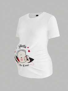 Modmama Pregnant Women's Round Neck Cartoon Letter Print Casual Versatile Daily Wear Short Sleeve T-Shirt - White - View 1
