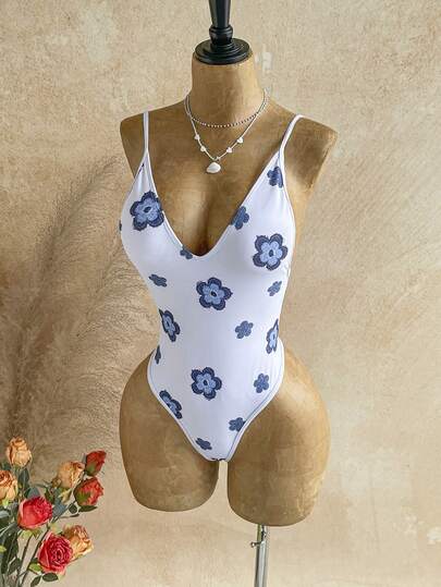 Soleia Traje de baño de una pieza con efecto de mezclilla y estampado floral para vacaciones informales para mujeres