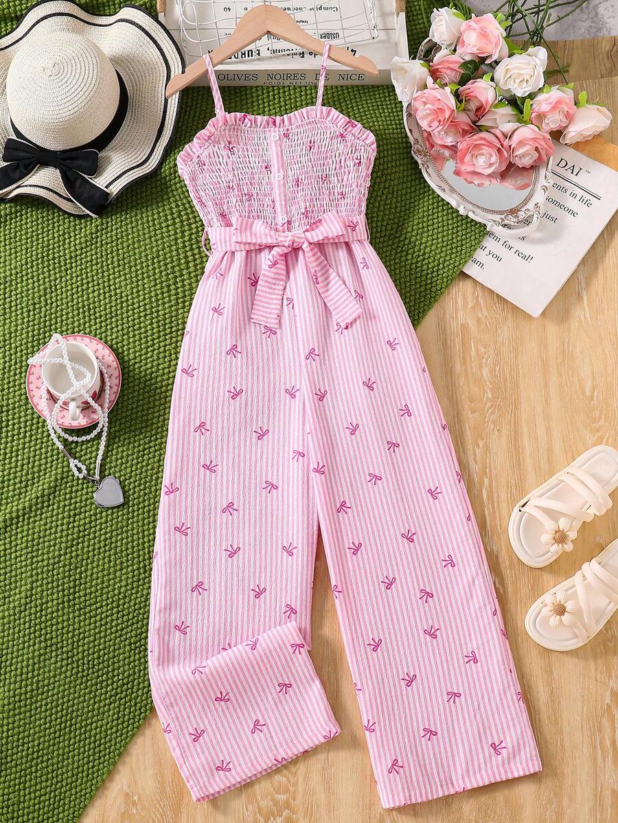 ChillGRL 1 pieza Mono de niña con estampado de rayas y lazo, adecuado para uso diario, ir al trabajo, y actividades al aire libre - Azul - Ver 1