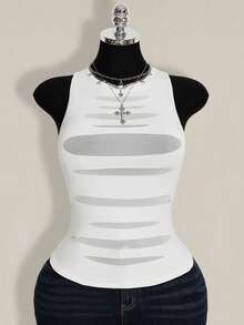 SHEIN ICON Plus Size Women Round Neck Mesh Patchwork Sheer Fitted Casual Top - White - View 3