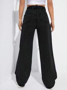 SHEIN EZwear 大码女式时尚休闲不对称腰部水洗长裤 - 黑色 - 查看 2