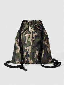 ROMWE Grunge Punk 1 pieza Mochila con cordón de gran capacidad y múltiples bolsillos, estilo versátil y casual, unisex, adecuada para ir al trabajo, socializar y hacer compras, con bordado de nota musical de camuflaje retro y parche de barra oscura - Verde medio - Ver 5