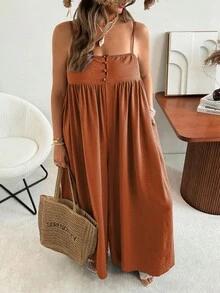 大码休闲宽松纯色连体裤 - 鏽棕色 - 查看 5