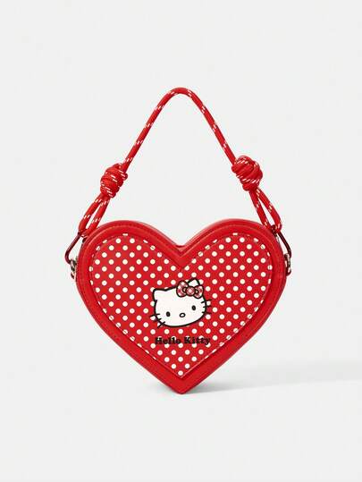 HELLO KITTY AND FRIENDS | SHEIN 1件女士时尚甜美可爱百搭街头Y2K复古红白波点印花心形手提包，适合日常购物、情人节、圣诞节和新年等场合。