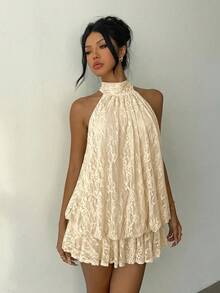 Aloruh 女士优雅浅黄色露背系带迷你连衣裙 - 杏色 - 查看 7