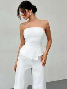 Firerie Bộ jumpsuit trắng ôm sát, thanh lịch, lãng mạn, bất đối xứng, kiểu dáng tối giản mới, thích hợp cho đám cưới, ngày Valentine, đi làm hàng ngày, xếp ly 3D, không tay, ôm dáng, dành cho nữ. - Màu be - Xem 5