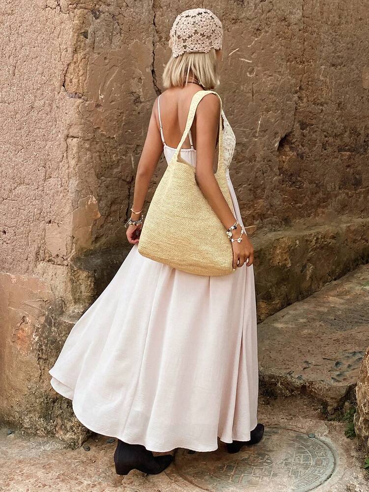 Patchwork Woven Fabric Ruffle Hem Cinched Waist Dress, Casual Vacation Summer Dress For Women Sun Dresses For Women