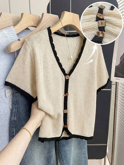 Franclia Plus Size Women Spring/Summer Fashion Color Block Ruffle Trim Short Sleeve Knit Cardigan, Casual Chic Versatile Top