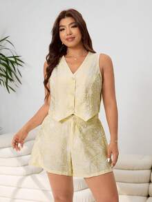 SHEIN EZwear 大码纹理优雅无袖上衣和短裤套装，简约日常穿搭 - 奶油色 - 查看 3