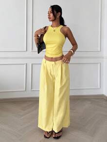Slaydiva Casual Pale Yellow Tank Top And Wide Leg Pants 2 Pieces Set, Summer - Yellow - View 3