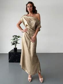 Aloruh New Arrival Spring/Summer Elegant Sexy Party Asymmetric Shoulder Design Ruched Waist Slimming Long Dress, Gold Evening Gown, Wedding Season Dress - Gold - View 7