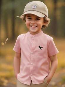 SHEIN Young Boy Casual Woven Regular Fit Stand Collar Dinosaur Print Front Button-Up Shirt - Baby Pink - View 1
