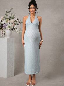 SHEIN Elegant Light Blue Textured Backless Halter Maternity Dress,Summer Pregnant Party Outfits,Solid Color Vacation Dresses For Women & Ladies - Blue - View 6