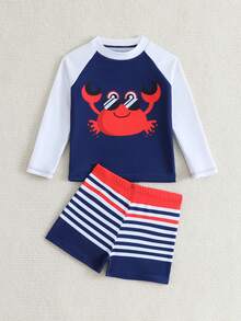 SHEIN 2pcs Baby Boy Swimwear Set,Cute Cartoon Crab Print Navy Blue Raglan Long Sleeve Rashguard And Striped Swim Trunks,Toddler Summer Holiday Pool Party - Multicolor - View 5