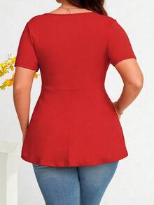 Plus Size Casual Solid Color Short Sleeve T-Shirt, Summer - Red - View 2