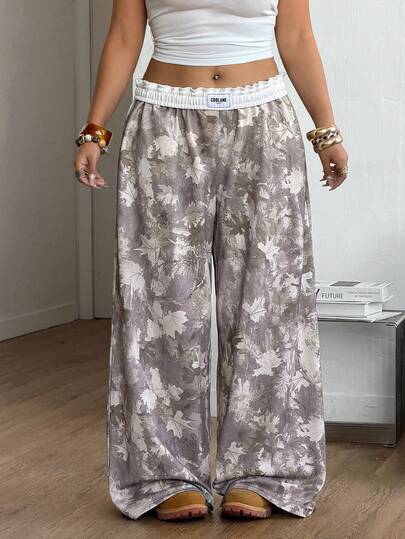 Coolane 女士加大码春夏字母树枝印花阔腿宽松裤