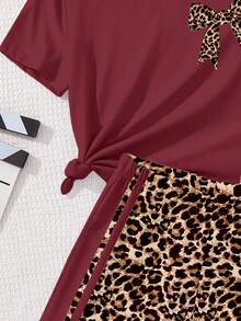 Conjunto de 2 piezas de camiseta de manga corta de cuello redondo holgado con decoración de lazo y estampado de leopardo, y shorts, estilo vintage americano para adolescentes, adecuado para primavera/verano - Multicolor - Ver 6
